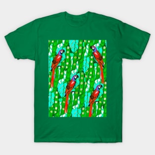 RED MACAWS ,BLUE GREEN LEAVES,TROPICAL PLANTS FLORAL PATTERN T-Shirt